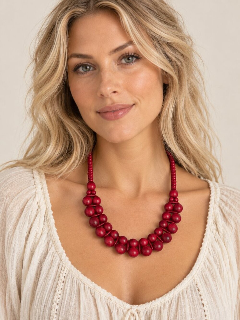 Red Wood Beaded Statement Necklace Chunky Tribal Boho Statement Artisan Bib 24"